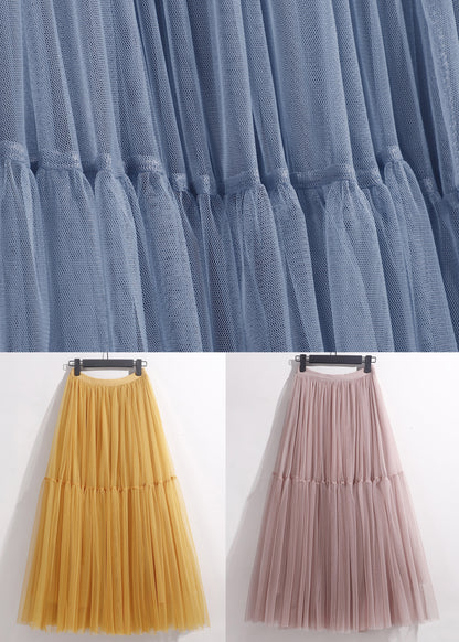Yellow Wrinkled Elastic Waist Tulle Skirt Summer