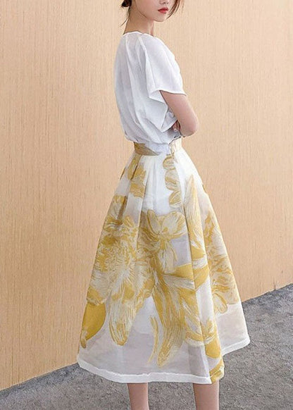 Yellow Wrinkled Patchwork Embroideried Tulle Skirt Summer