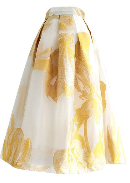 Yellow Wrinkled Patchwork Embroideried Tulle Skirt Summer