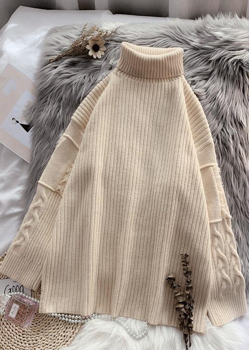 Beige Sweater Wardrobes Refashion Wild Tunic High Neck Sweater