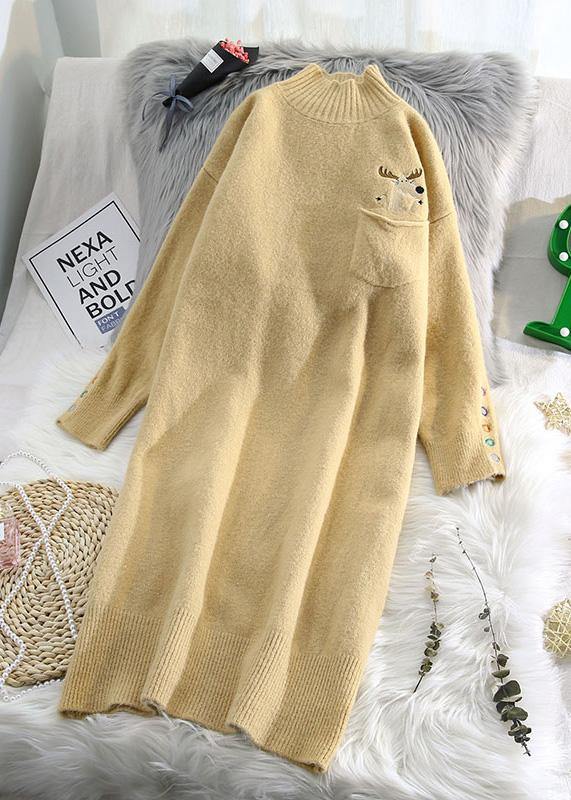 Beige Sweater Dresses Largo Half High Neck Daily Wild Knit Dresses