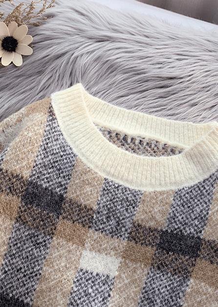 Beige Crane Tops Warm Plaid Knit Sweat Tops
