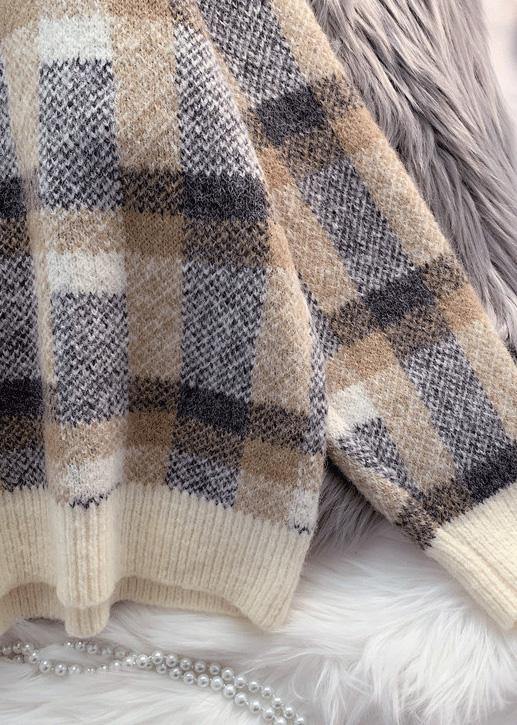 Beige Crane Tops Warm Plaid Knit Sweat Tops