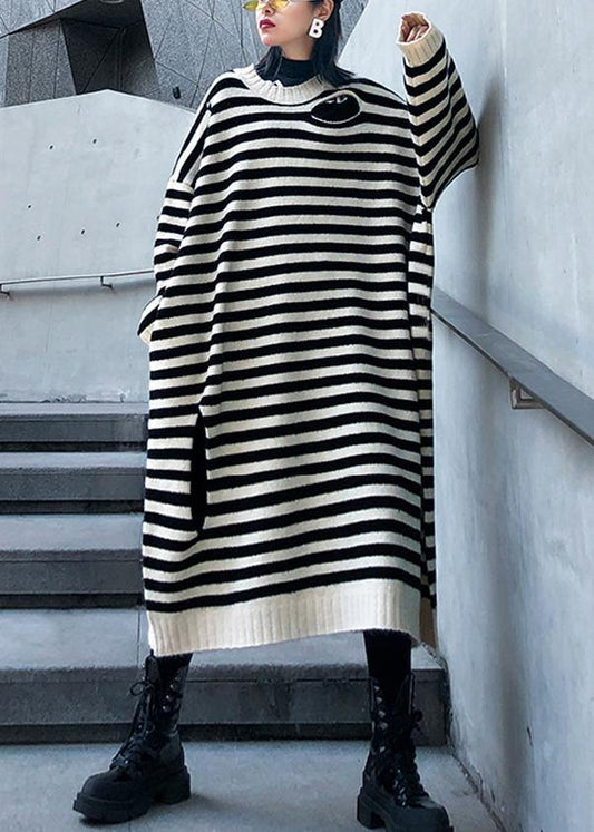 Beige Striped Sweater Outfits Design O Neck Hole Diy Sweater Dresses