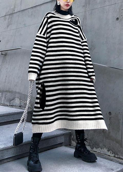 Beige Striped Sweater Outfits Design O Neck Hole Diy Sweater Dresses
