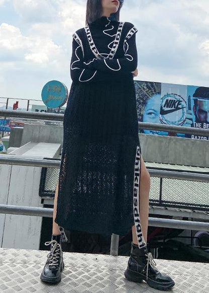 Black Letter Sweater Dresses Largo V Neck Side Open Art Knit Dress