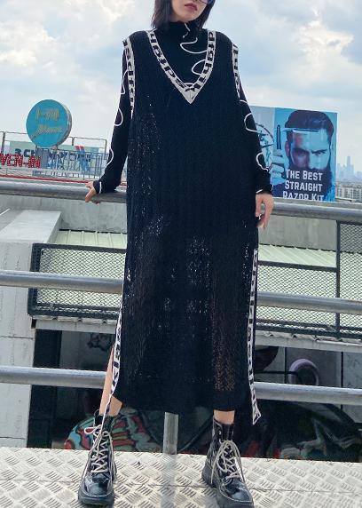 Black Letter Sweater Dresses Largo V Neck Side Open Art Knit Dress
