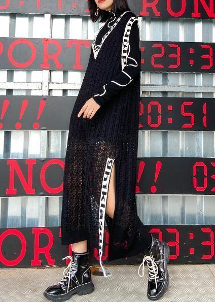 Black Letter Sweater Dresses Largo V Neck Side Open Art Knit Dress