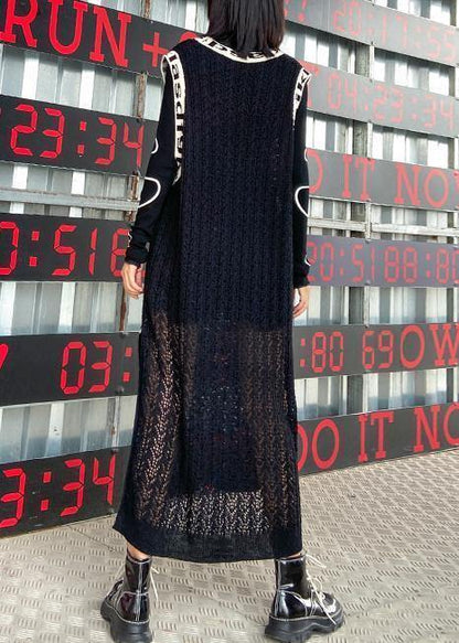 Black Letter Sweater Dresses Largo V Neck Side Open Art Knit Dress