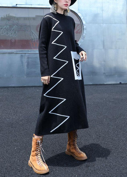 Black Sweater Dresses Diy Patchwork Color Ugly Fall Knitwear