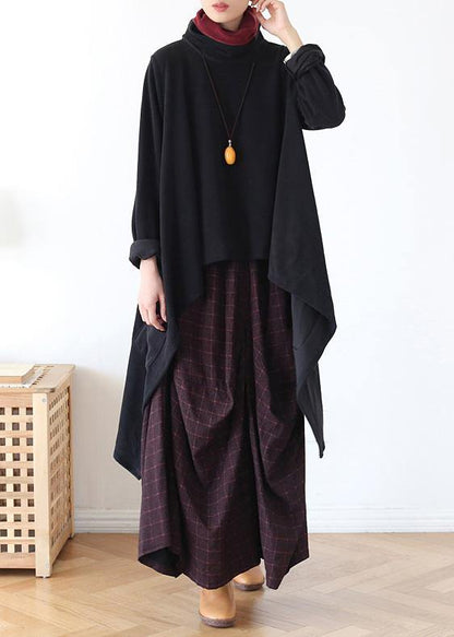 Black Knit Blouse Asymmetric Hem Oversize High Neck Knit Tops