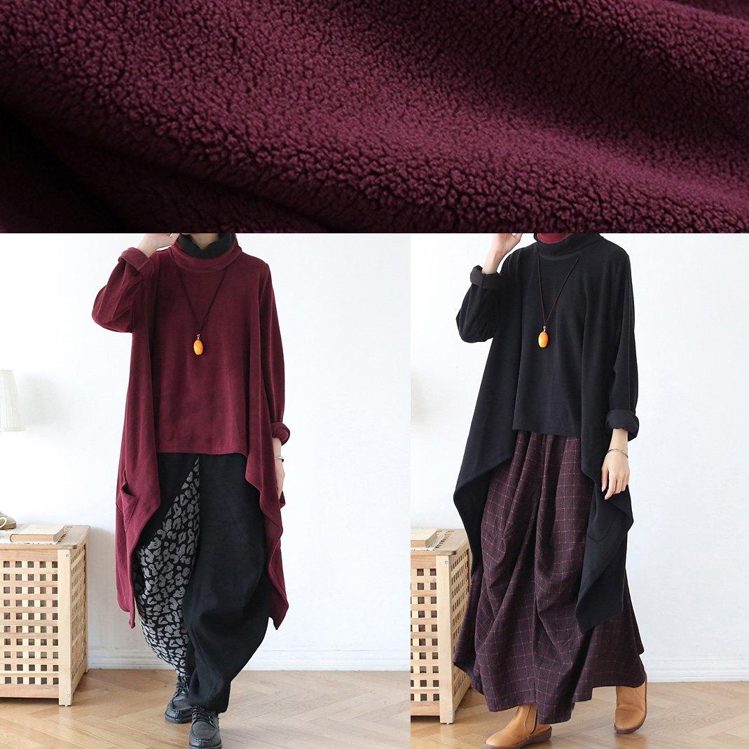 Black Knit Blouse Asymmetric Hem Oversize High Neck Knit Tops
