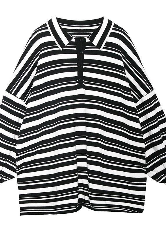 Black White Striped Knit Tops Clothing Lapel Baggy Knit Sweat Tops