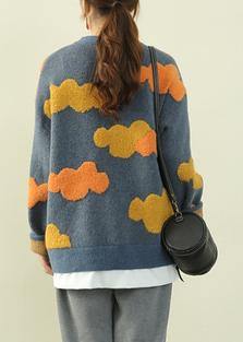 Blue Cloud Knit Sweaters O Neck False Two Pieces Knitted Pullover