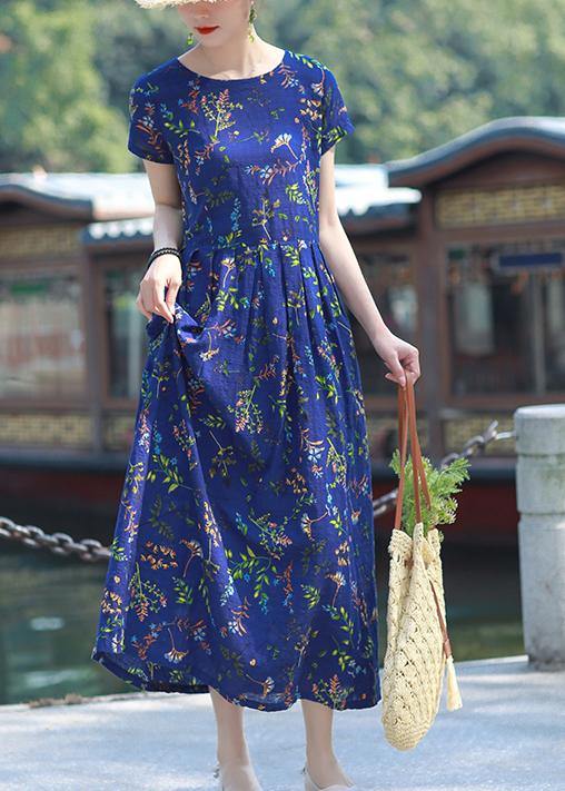 Blue Print Cotton Linen Tunics O Neck Cinched Short Summer Dress