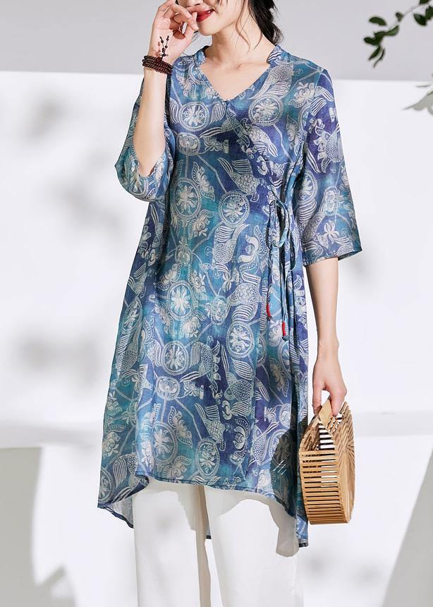 Blue Print Cotton Linen Clothes for Photography V Neck Tie Waist Shirts