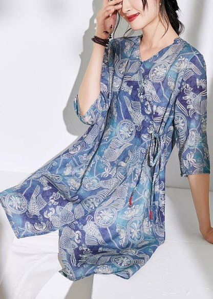 Blue Print Cotton Linen Clothes for Photography V Neck Tie Waist Shirts