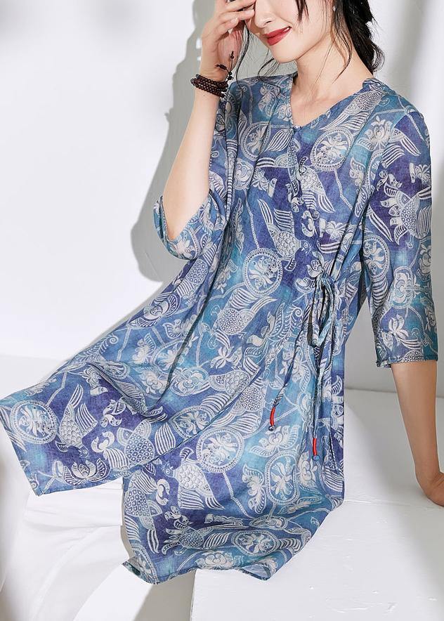 Blue Print Cotton Linen Clothes for Photography V Neck Tie Waist Shirts