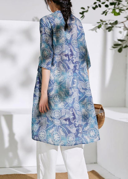 Blue Print Cotton Linen Clothes for Photography V Neck Tie Waist Shirts