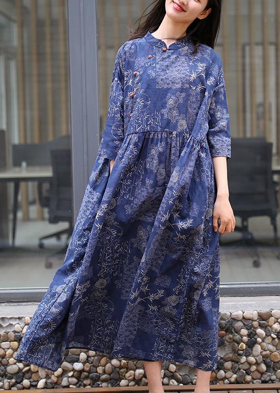 Blue Print Cotton Quilting Clothes Stand Collar Extra Large Hem Traveling Summer Dress