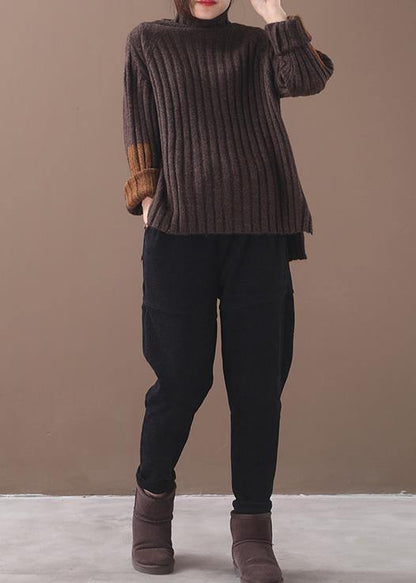 Brown Knit Tops Patchwork Sleeve High Neck Sweaters