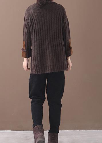 Brown Knit Tops Patchwork Sleeve High Neck Sweaters