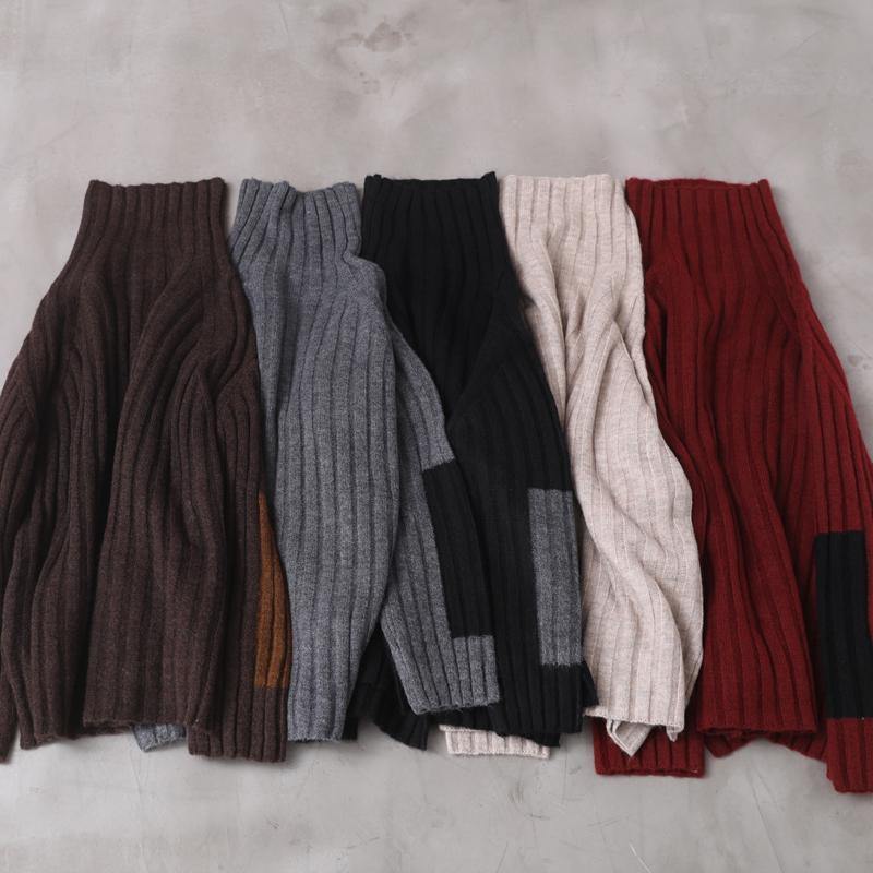 Brown Knit Tops Patchwork Sleeve High Neck Sweaters