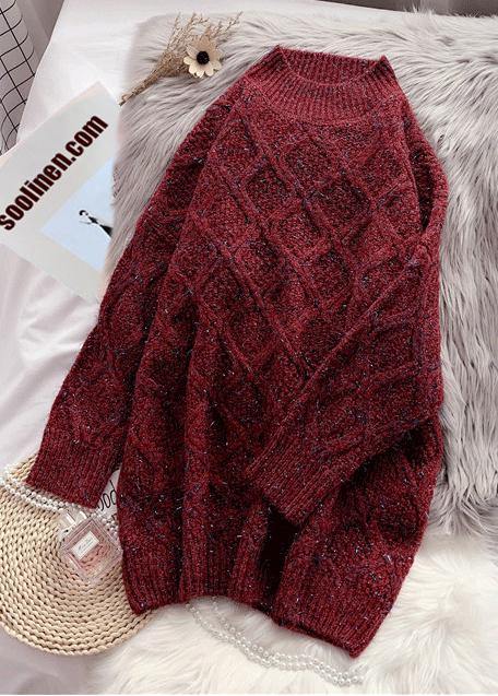 Burgundy Sweater Outfits O Neck Thick Art Knitted Tops