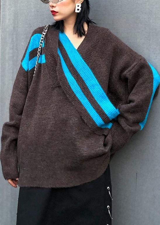 Chocolate Sweater Blouse V Neck Patchwork Sweaters