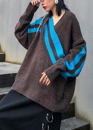 Chocolate Sweater Blouse V Neck Patchwork Sweaters
