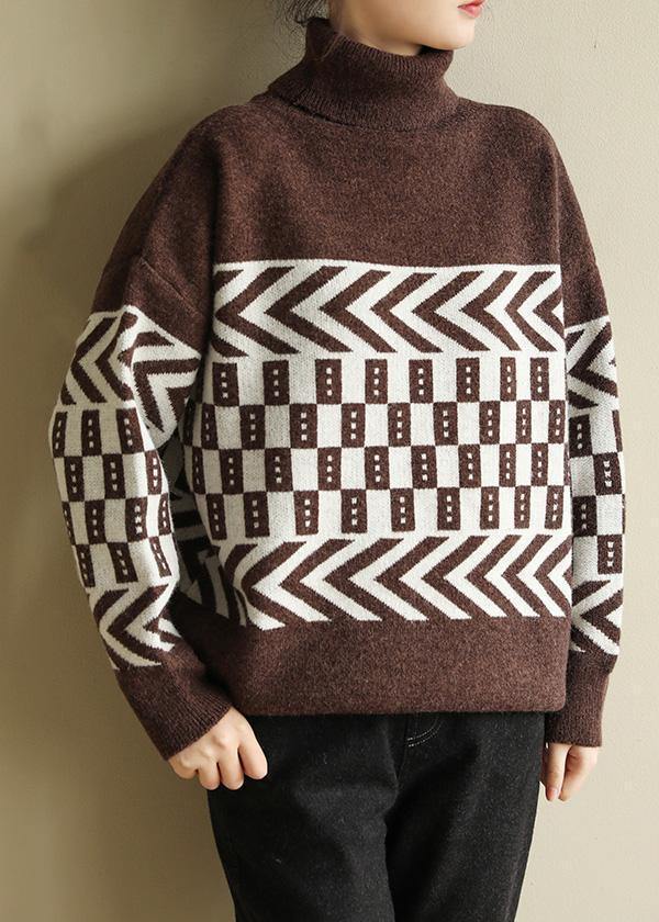 Chocolate Knitted Pullover Patchwork Loose Fitting High Neck Sweaters
