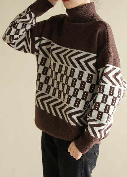 Chocolate Knitted Pullover Patchwork Loose Fitting High Neck Sweaters