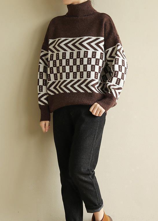 Chocolate Knitted Pullover Patchwork Loose Fitting High Neck Sweaters
