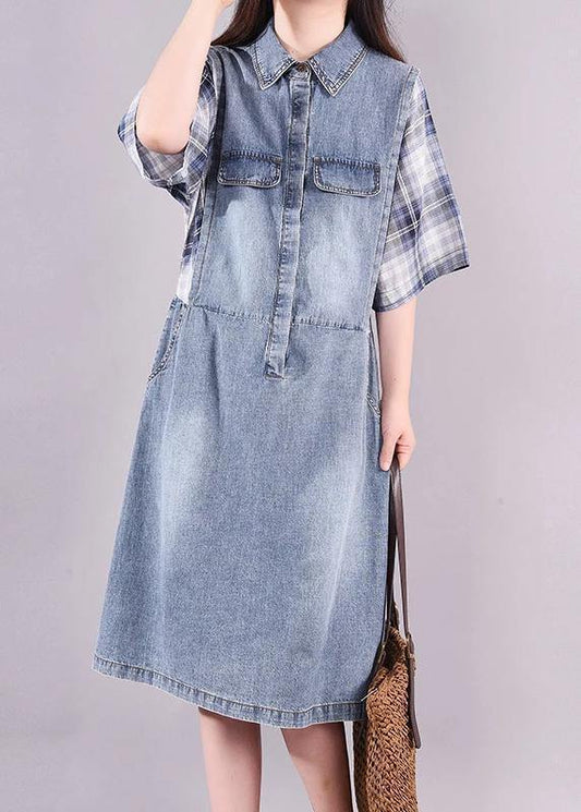 Cotton Quilting Clothes Fine Plaid Spliced Denim Fake Two Piece Dress