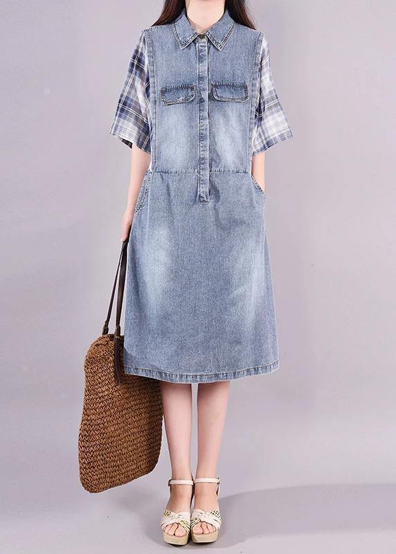 Cotton Quilting Clothes Fine Plaid Spliced Denim Fake Two Piece Dress