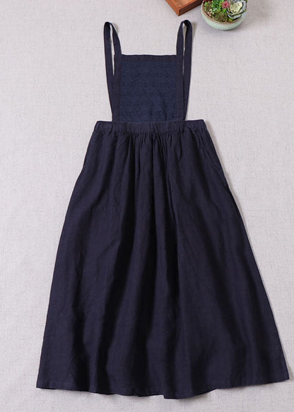 Denim Blue Embroideried High Waist Linen Dress Spring Outfits