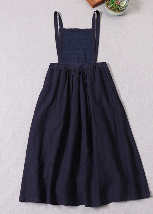 Denim Blue Embroideried High Waist Linen Dress Spring Outfits