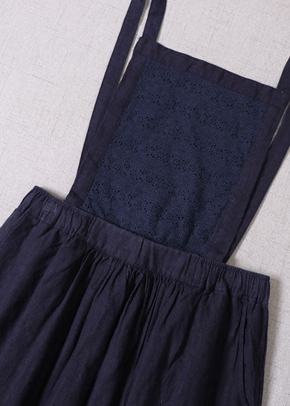 Denim Blue Embroideried High Waist Linen Dress Spring Outfits