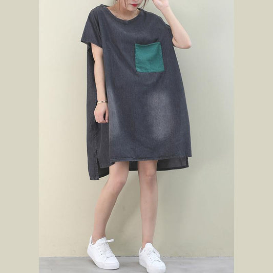 Denim Black Cotton Clothes O Neck Green Pockets Midi Dresses