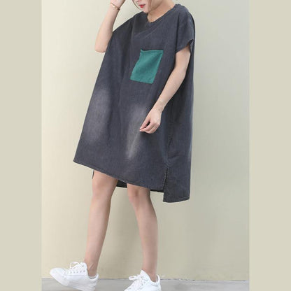 Denim Black Cotton Clothes O Neck Green Pockets Midi Dresses