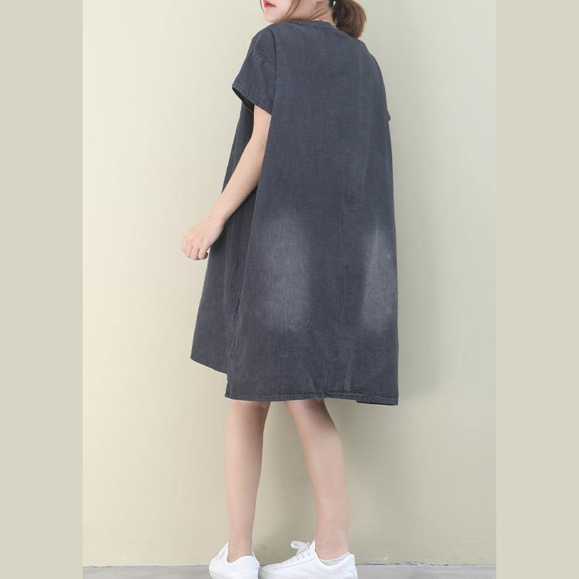 Denim Black Cotton Clothes O Neck Green Pockets Midi Dresses