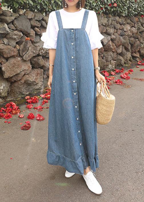 Denim Blue Quilting Dresses Spaghetti Strap Ruffles Loose Dresses
