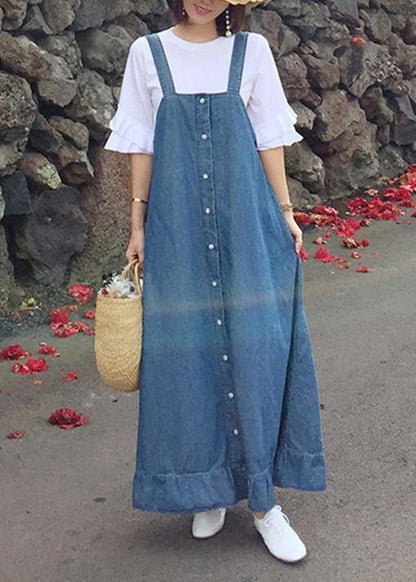 Denim Blue Quilting Dresses Spaghetti Strap Ruffles Loose Dresses