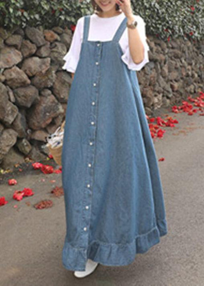 Denim Blue Quilting Dresses Spaghetti Strap Ruffles Loose Dresses