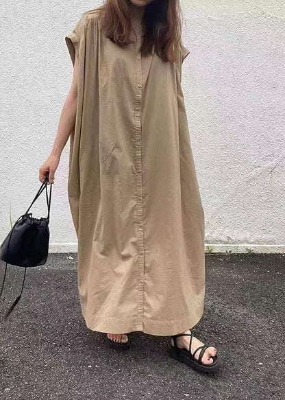 Easy Khaki Button Cotton Long Dress Short Sleeve