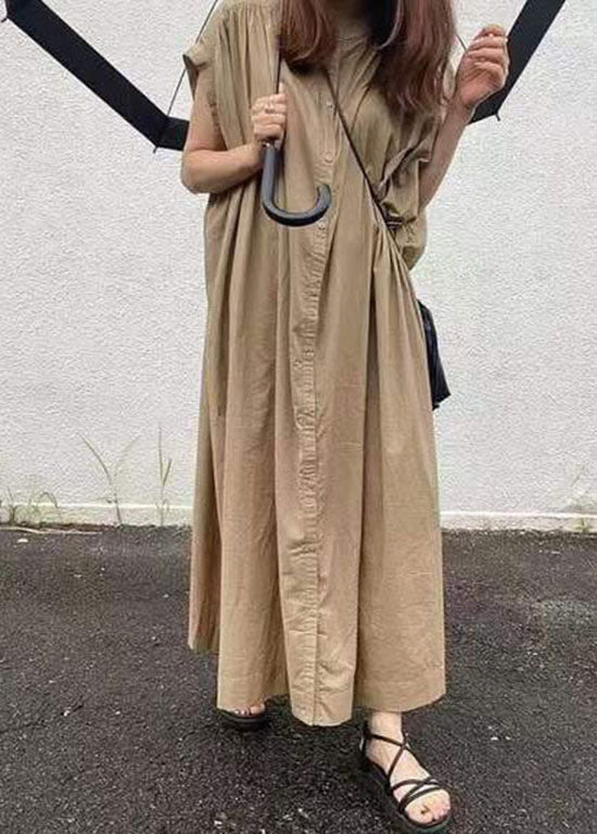 Easy Khaki Button Cotton Long Dress Short Sleeve