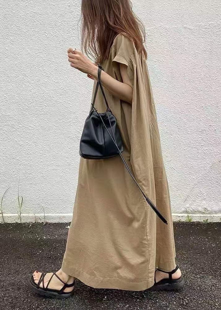 Easy Khaki Button Cotton Long Dress Short Sleeve