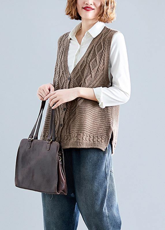 Fall Dark Khaki V Neck Knitted Blouse Loose Fitting Sleeveless Clothes