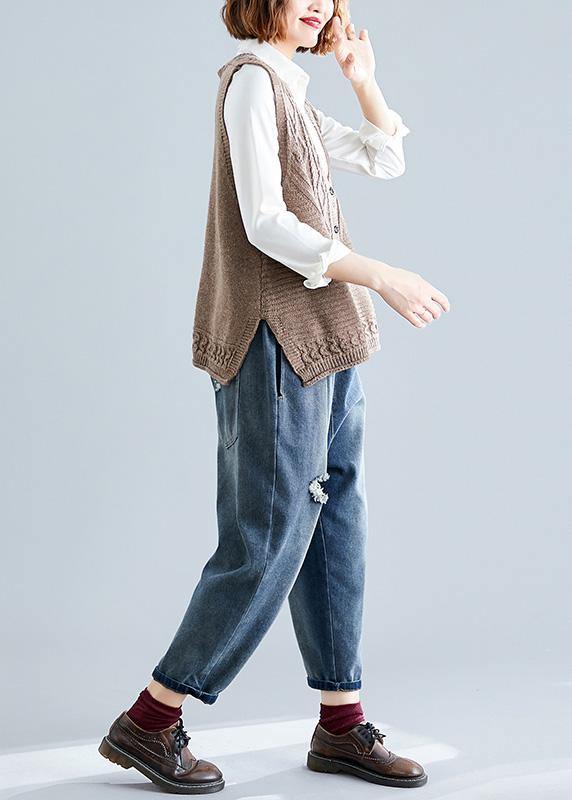 Fall Dark Khaki V Neck Knitted Blouse Loose Fitting Sleeveless Clothes