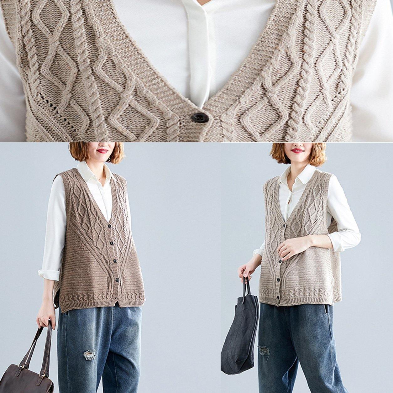 Fall Dark Khaki V Neck Knitted Blouse Loose Fitting Sleeveless Clothes